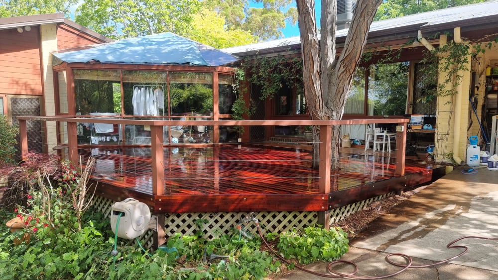 Hardwood deck with cable balustrade and outdoor entertaining area in Canberra