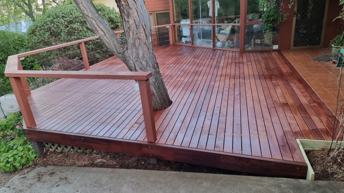 Hardwood deck with cable balustrade and outdoor entertaining area in Canberra